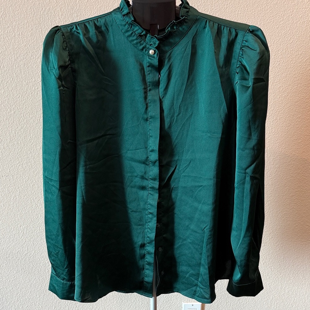Ann Taylor Deep Green Ruffle-Neck Button Down Blouse